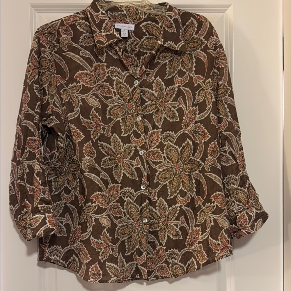 Brown Floral Button-Up Blouse
